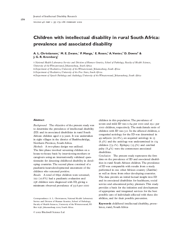(PDF) Children with intellectual disability in rural South Africa ...