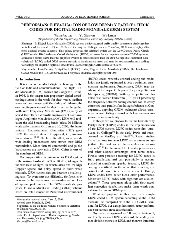 (PDF) Performance Evaluation of Low Density Parity Check Codes