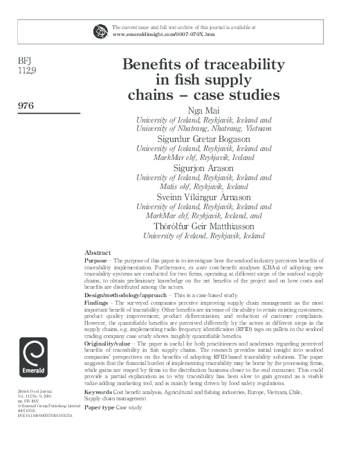 (PDF) Benefits of traceability in fish supply chains - case studies