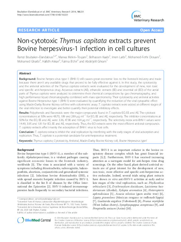 (PDF) Noncytotoxic Thymus capitata extracts prevent Bovine herpesvirus