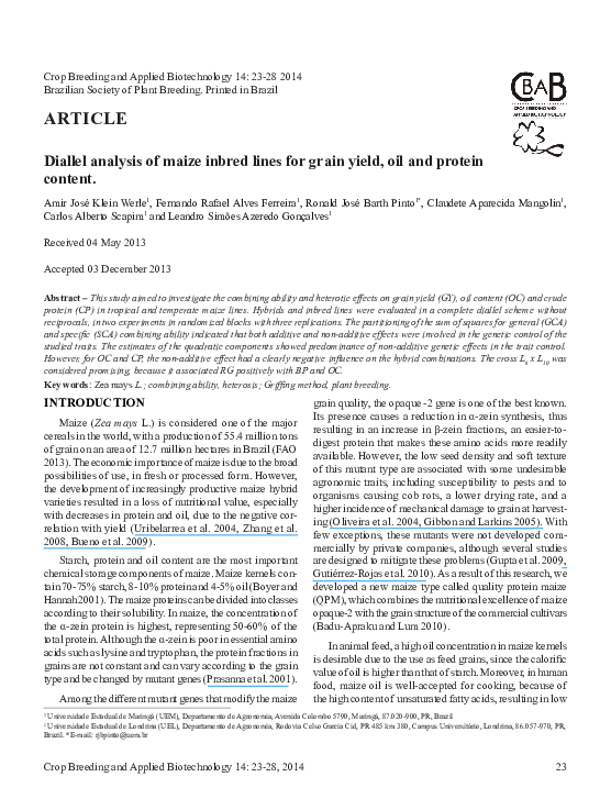 (PDF) Diallel analysis of maize inbred lines for grain yield, oil and ...