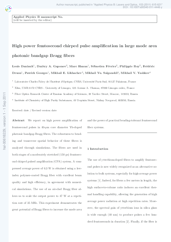 (PDF) High power femtosecond chirped pulse amplification in large mode ...