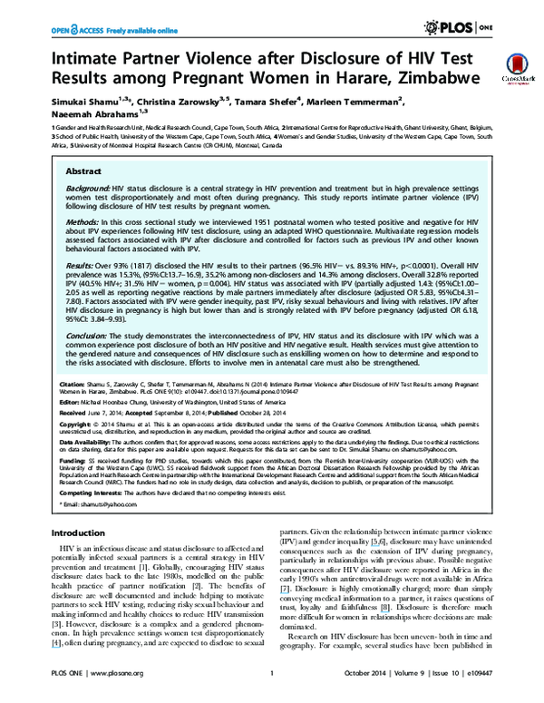 (PDF) Intimate Partner Violence after Disclosure of HIV Test Results ...