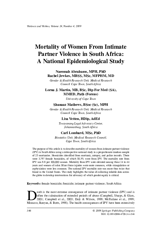 (PDF) Mortality of Women From Intimate Partner Violence in South Africa ...