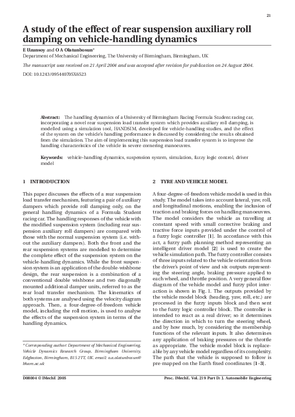 (PDF) A study of the effect of rear suspension auxiliary roll damping