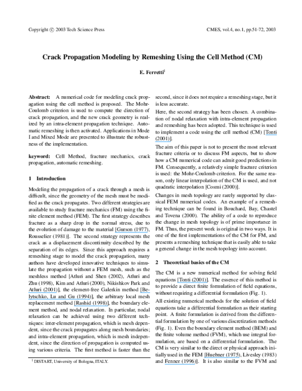 (PDF) Crack propagation modeling by remeshing using the Cell Method (CM
