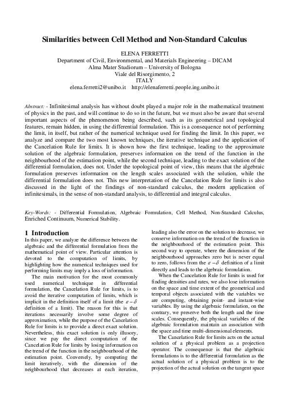 (PDF) Similarities between Cell Method and NonStandard Calculus