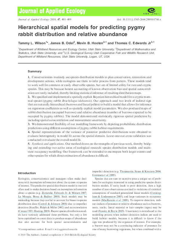 (PDF) Hierarchical spatial models for predicting pygmy rabbit ...