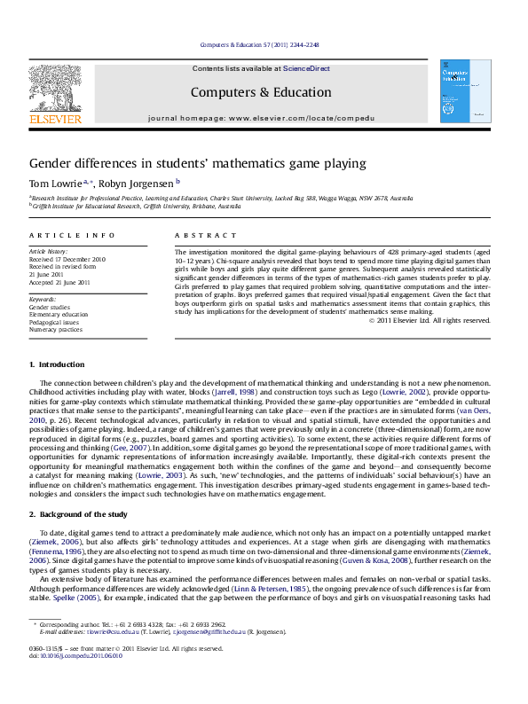 (PDF) Gender differences in students’ mathematics game playing