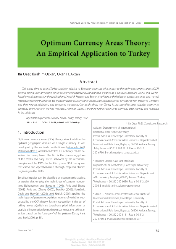 (PDF) Optimum Currency Areas Theory: An Empirical Application to Turkey