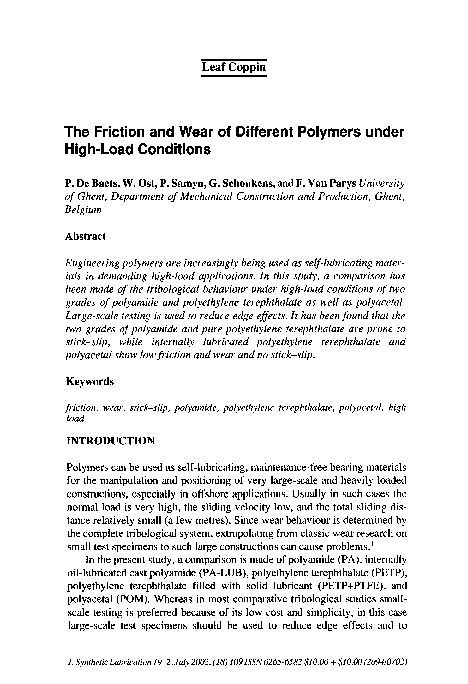 (PDF) The friction and wear of different polymers under high-load ...
