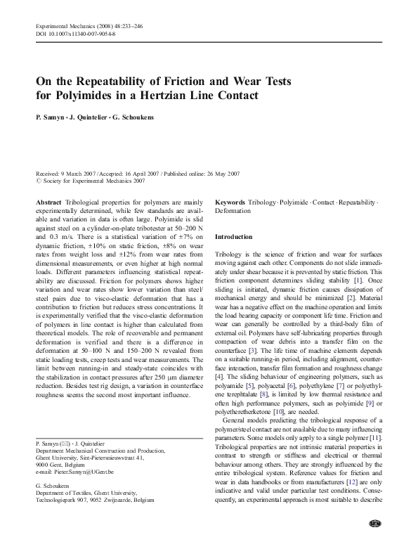 (PDF) On the Repeatability of Friction and Wear Tests for Polyimides in ...