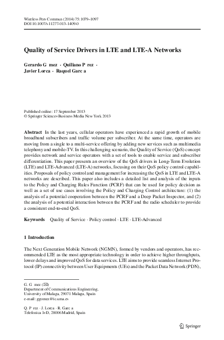(PDF) Quality of Service Drivers in LTE and LTE-A Networks