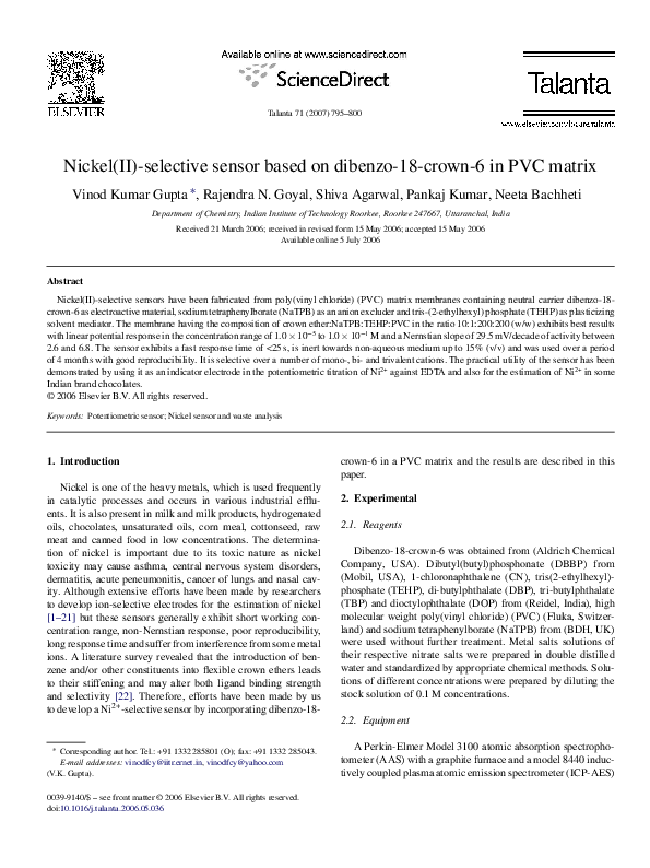 (PDF) Nickel(II)-selective sensor based on dibenzo-18-crown-6 in PVC matrix