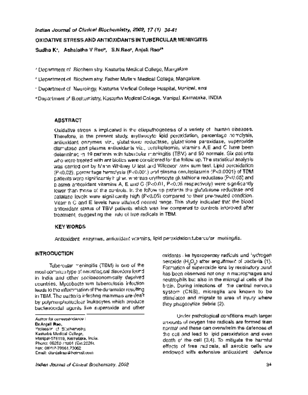 (PDF) Oxidative stress and antioxidants in tubercular meningitis
