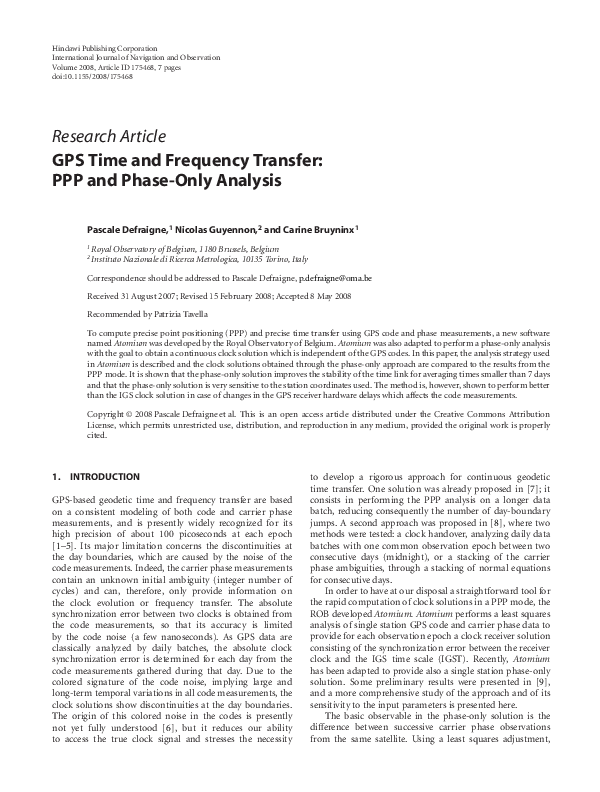 (PDF) GPS Time and Frequency Transfer: PPP and Phase-Only Analysis