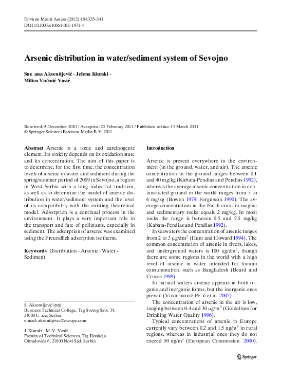 (PDF) Arsenic distribution in water/sediment system of Sevojno