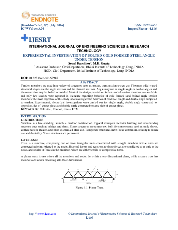 (PDF) EXPERIMENTAL INVESTIGATION OF BOLTED COLD FORMED STEEL ANGLE ...