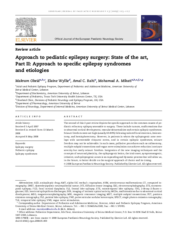 (PDF) Approach to pediatric epilepsy surgery: State of the art, Part II ...