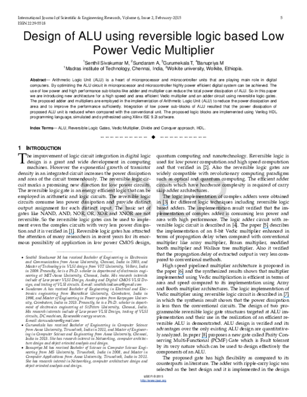 (PDF) Design of ALU using reversible logic based Low Power Vedic Multiplier