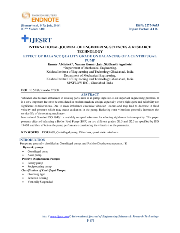 (PDF) EFFECT OF BALANCE QUALITY GRADE ON BALANCING OF A CENTRIFUGAL