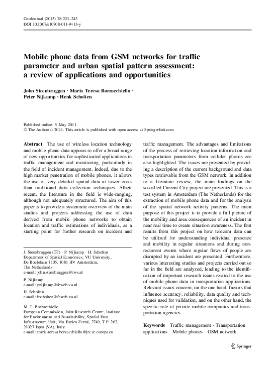 (PDF) Mobile phone data from GSM networks for traffic parameter and ...