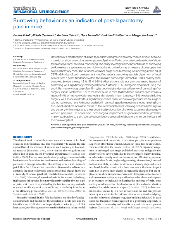 (PDF) Burrowing behavior as an indicator of post-laparotomy pain in mice