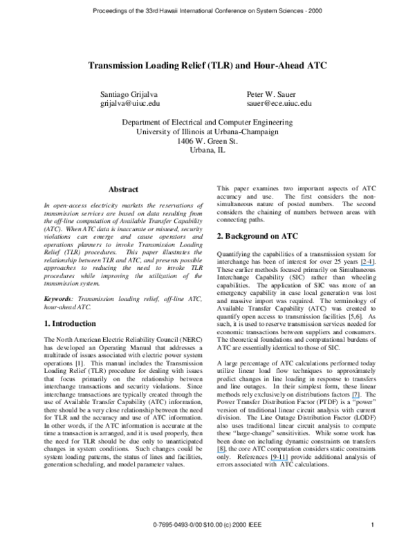 (PDF) Transmission Loading Relief (TLR) and hourahead ATC Sergio