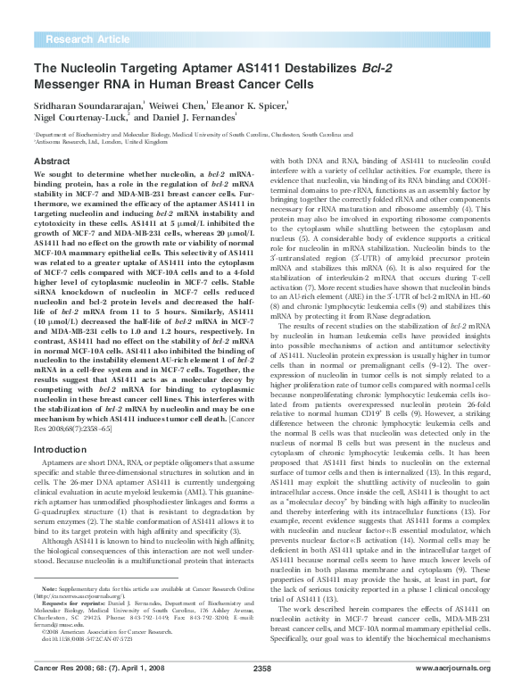 (PDF) The Nucleolin Targeting Aptamer AS1411 Destabilizes Bcl2 ...