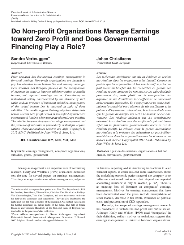 Pdf Do Non Profit Organizations Manage Earnings Toward Zero