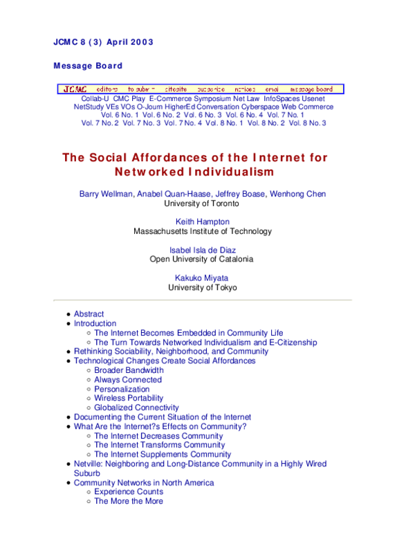 (PDF) The Social Affordances of the Internet for Networked Individualism