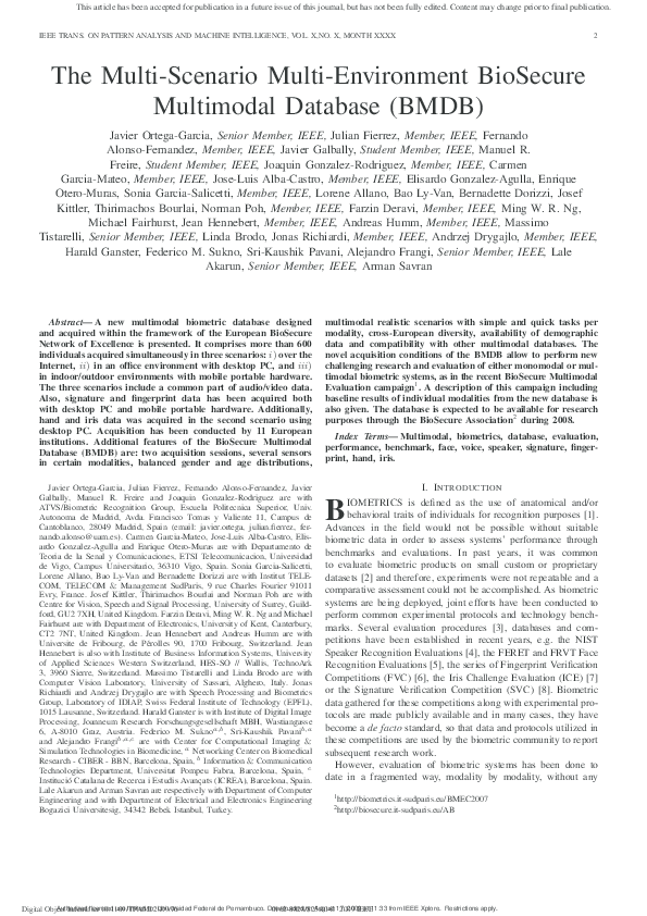 (PDF) The Multi-Scenario Multi-Environment BioSecure Multimodal ...