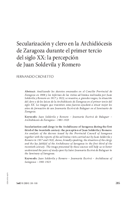 (PDF) Secularización y clero en la Archidiócesis de Zaragoza durante el