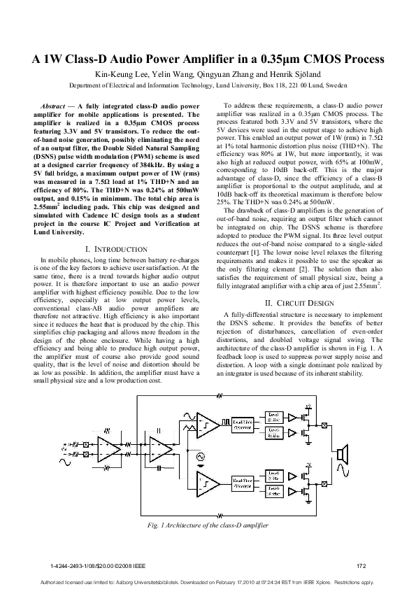 (PDF) A 1W ClassD Audio Power Amplifier in a 0.35μm CMOS Process