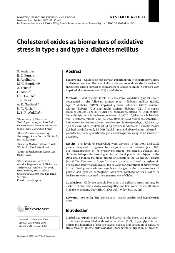 (PDF) Cholesterol oxides as biomarkers of oxidative stress in type 1 ...