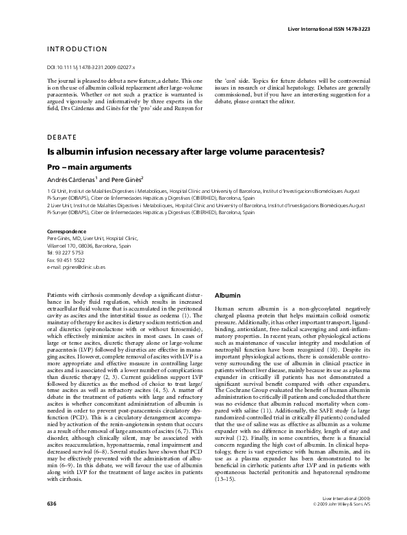(PDF) Is albumin infusion necessary after large volume paracentesis? Pro main arguments