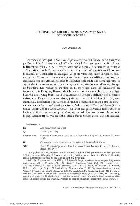 (PDF) « Heurs et malheurs du De consideratione, XIIe-XVIIIe siècles ...