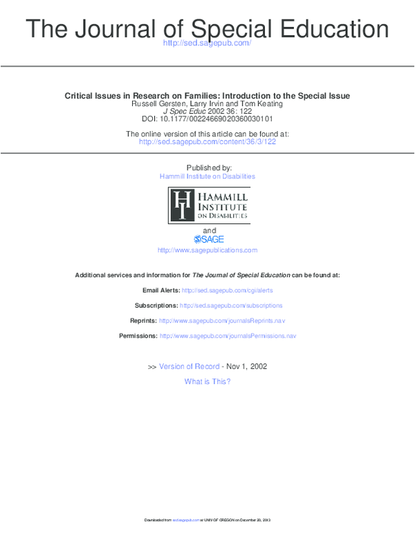 (PDF) Critical Issues in Research on Families: Introduction to the ...