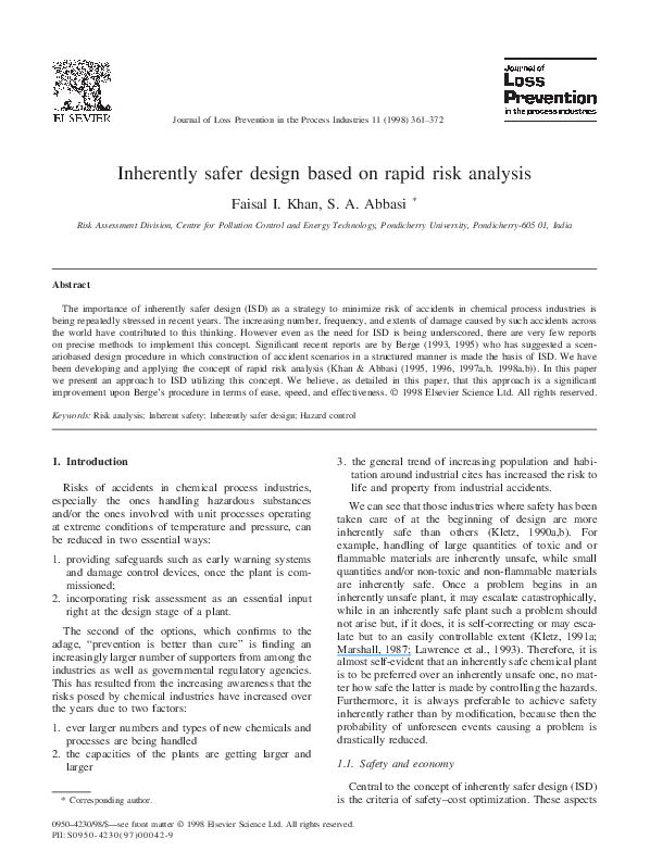 (PDF) Inherently safer design based on rapid risk analysis