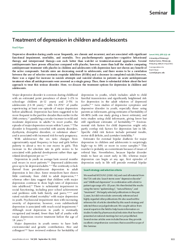 (PDF) Treatment of depression in children and adolescents