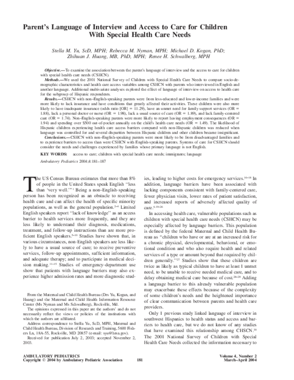 (PDF) Parent's Language of Interview and Access to Care for Children ...