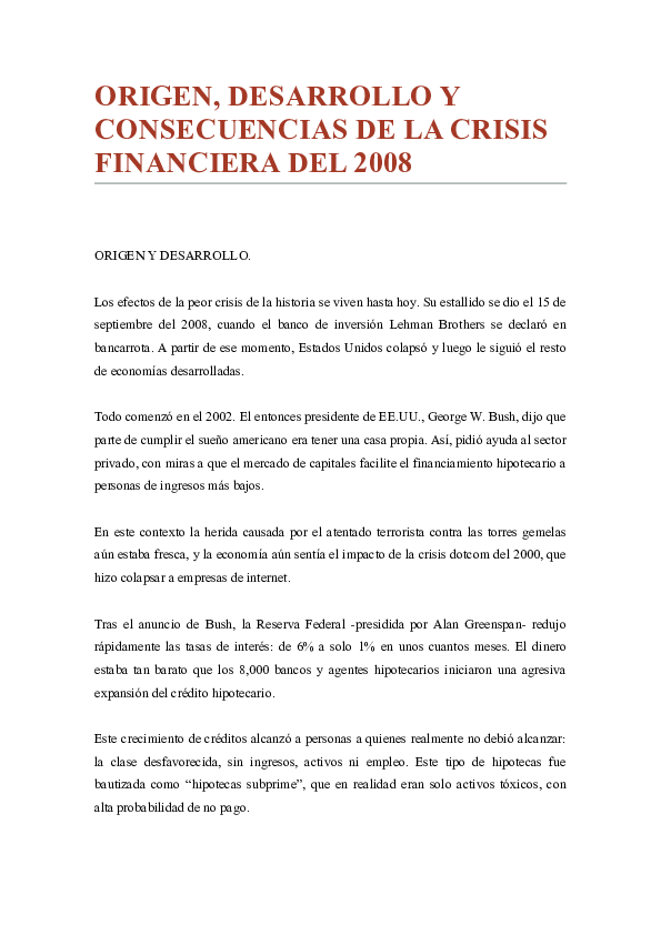 (DOC) ORIGEN, DESARROLLO Y CONSECUENCIAS DE LA CRISIS FINANCIERA DEL 2008
