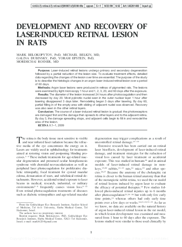 (PDF) DEVELOPMENT AND RECOVERY OF LASER-INDUCED RETINAL LESION IN RATS