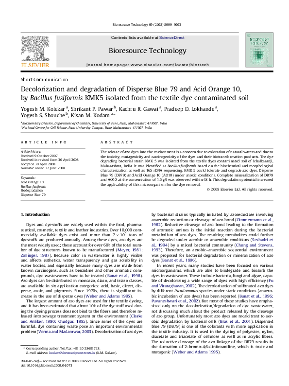 (PDF) Decolorization and degradation of Disperse Blue 79 and Acid ...