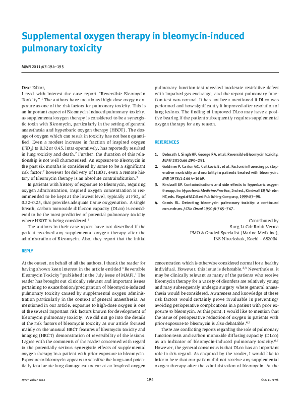 (PDF) Supplemental oxygen therapy in bleomycininduced pulmonary