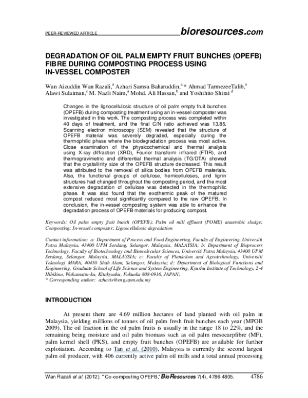 (PDF) DEGRADATION OF OIL PALM EMPTY FRUIT BUNCHES (OPEFB) FIBRE DURING ...