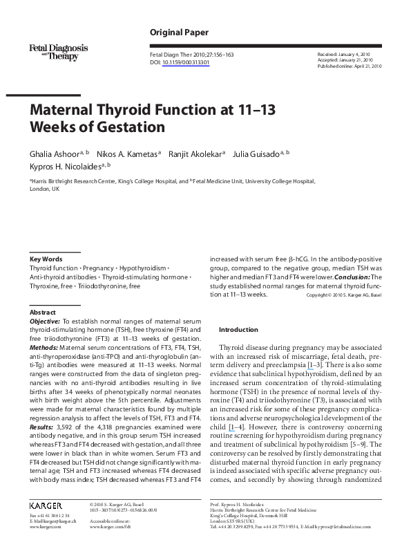 (PDF) Maternal Thyroid Function at 11–13 Weeks of Gestation in Women ...