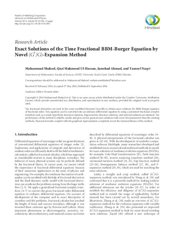 (PDF) Exact Solutions of the Time Fractional BBM-Burger Equation by ...