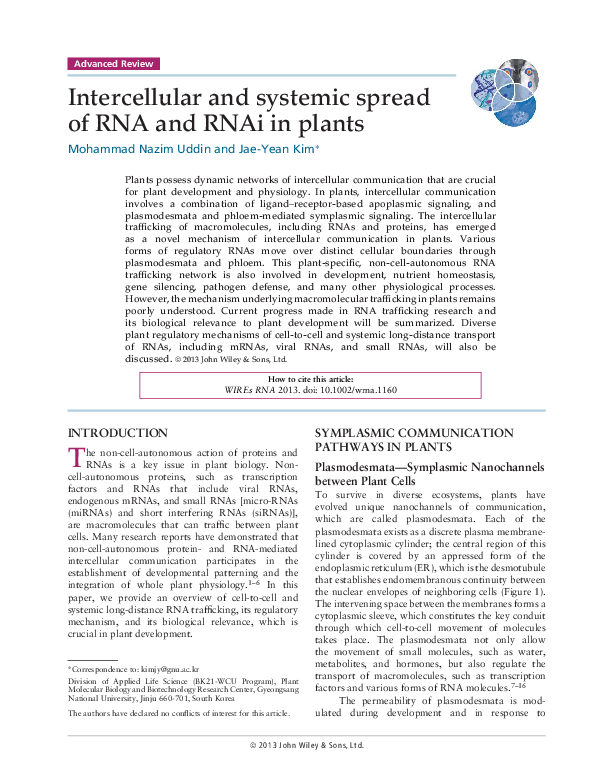 (PDF) Intercellular and systemic spread of RNA and RNAi in plants
