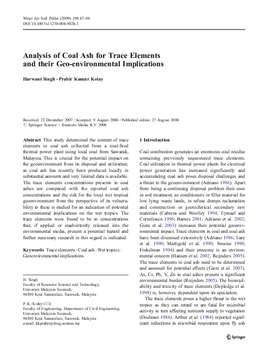 (PDF) Analysis of Coal Ash for Trace Elements and their Geo ...
